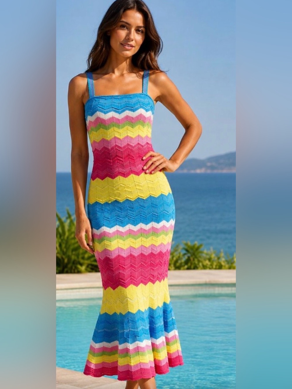 Milly Multicolor Chevron Knit Midi Dress — Blue, Pink, Yellow, Green